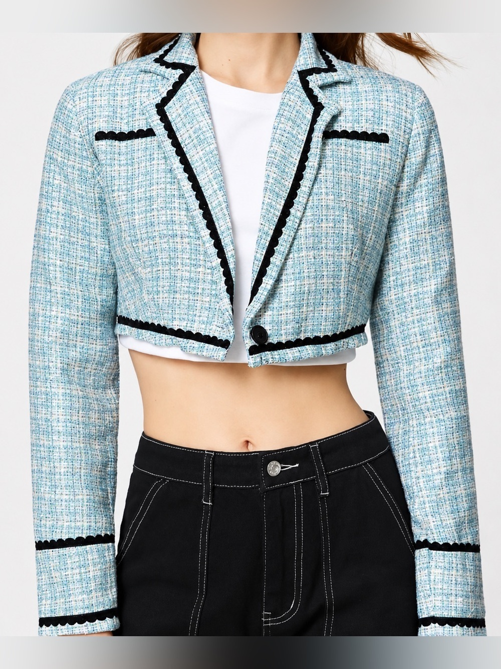 Cider NWT blue tweed crop blazer, large